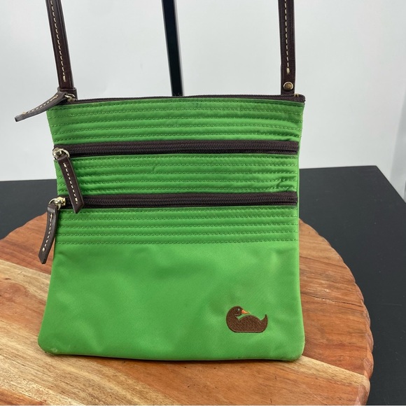 Dooney and Bourke green fabric crossbody leather trim embroidered duck - Picture 2 of 10